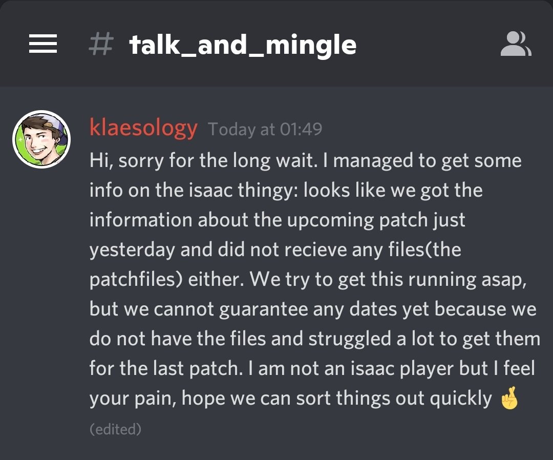 SaasSoosn's tweet photo. @edmundmcmillen @tyronerodriguez Hey Ed, I know this is getting annoying, but this is from HeadupGames' Discord. This doesn't look like Nicalis did everything to release repentance in the EU (at least not for the HeadupGames version). Pls talk with those responsible. https://t.co/J6ZpwTjIpa
