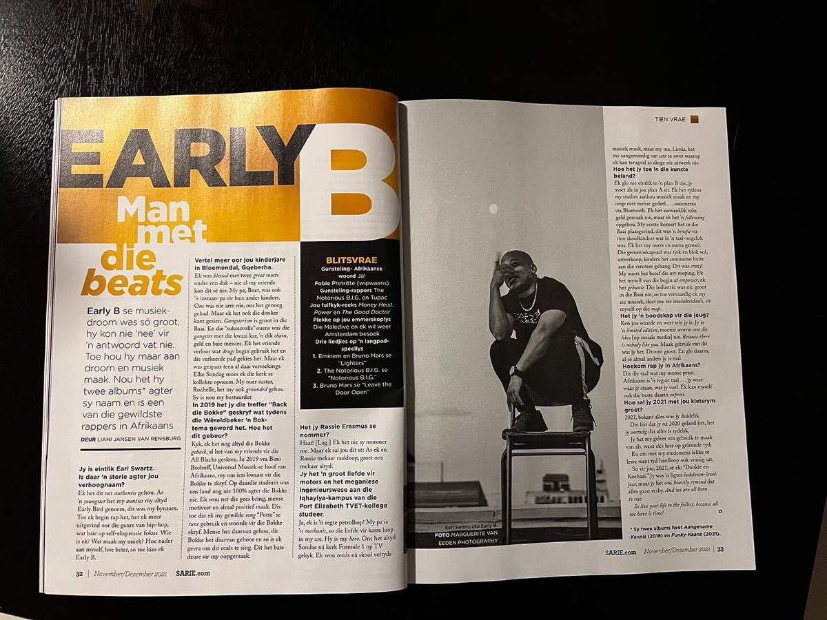 EarlyB_Music's tweet photo. Whoop Whoop!! Baie Dankie  @SARIETydskrif vir die Lekker write up, ek waardeer🙏🏼!! Sê vir my ma ek is in die nuwe Sarie julle😁
@SACelebTweets @UMGMusiek @UMGSA @AfrikaansM @100persentegAfr 
#magazine 
#sariemagazine 
#EarlyBMusic
#isvanniedalafmeisie https://t.co/fNoSgZcI5n