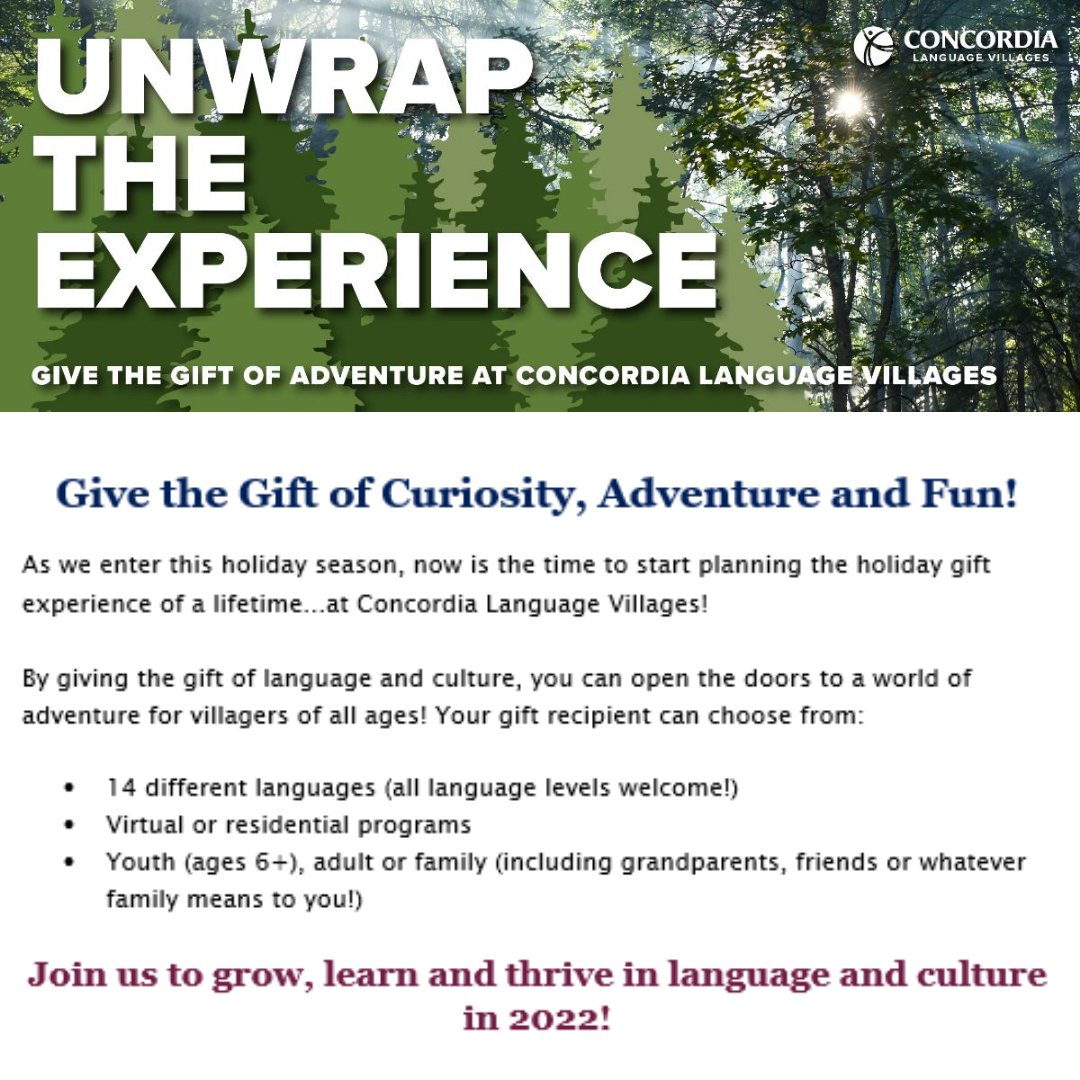 Download a holiday certificate, complete your gift details and surprise someone with an unforgettable experience at Concordia Language Villages! ow.ly/OtfJ50GFABk