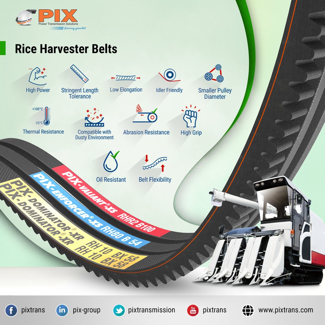pixtrans's tweet photo. PIX-Rice Harvester Belts
#PixTrans #PixTransmissions #Belts #VBelts #AgriculturalBelts @PIXTrans @PIXTransmissions #PIX #EUROPAGES @EUROPAGES #wlw @wlw @DirectIndustry @AgriExpo @BearingNetOfficial #DirectIndustry #BearingNetOfficial #MDesign #BearingExpo #EIMA #visableportal https://t.co/J4h8hBxleo