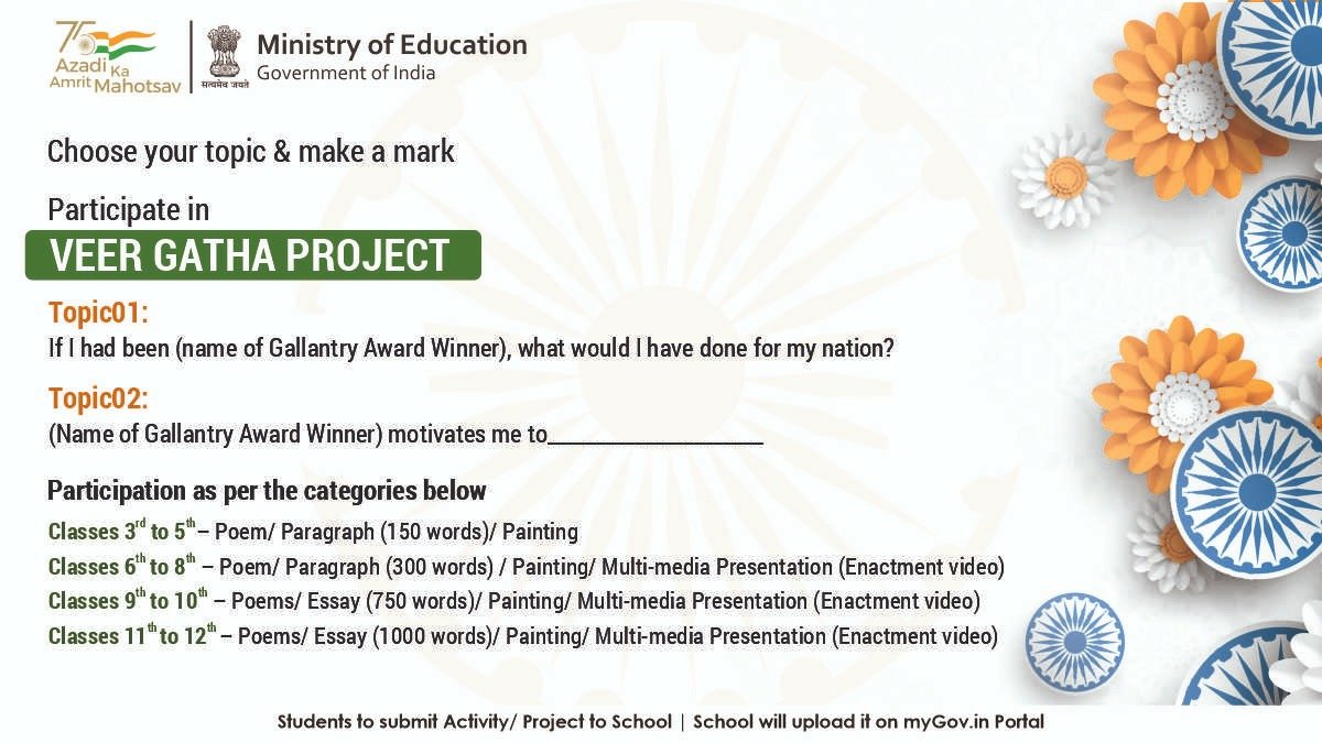 In #VeerGatha project, the students  from grades 3rd to 12th can do their project on one of the two topics mentioned in the post. 
To know more, click rb.gy/a0yzaw
#AmritMahotsav