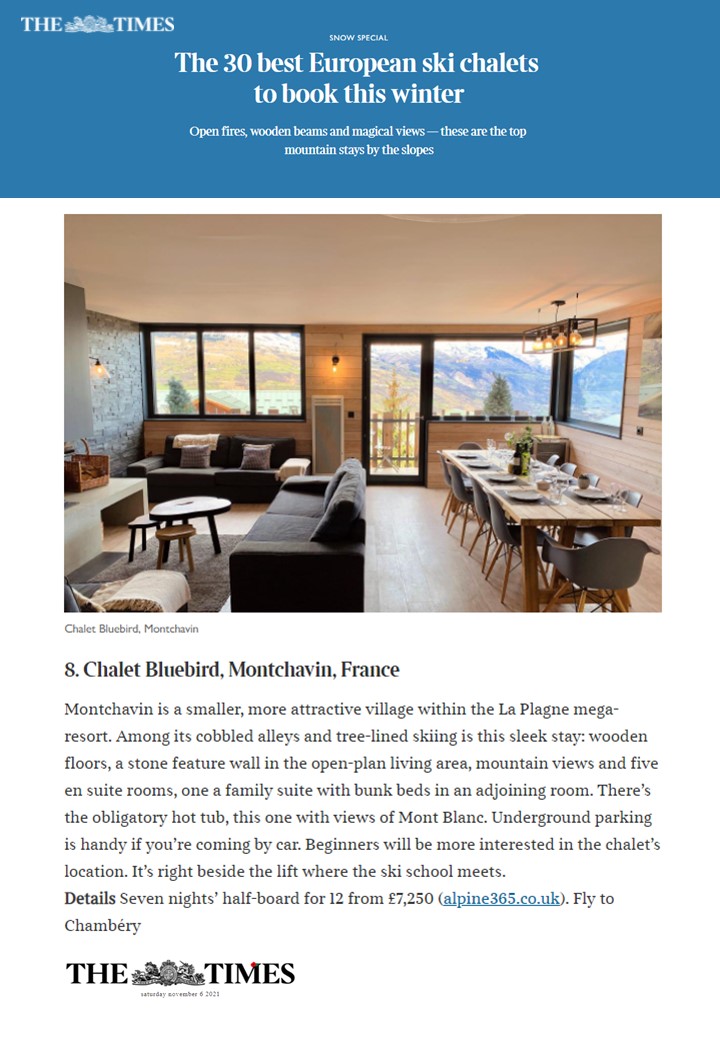 Alpine365ski's tweet image. We're so excited that our new ski chalet for 2021/22, Chalet Bluebird, is in a round up of the 30 best European ski chalets in the Times today! Thank you @lizbirdjourno for including us! 
#ChaletBluebird #montchavin #laplagne #montchavinlescoches #theTimes @montchavin @LaPlagnePR