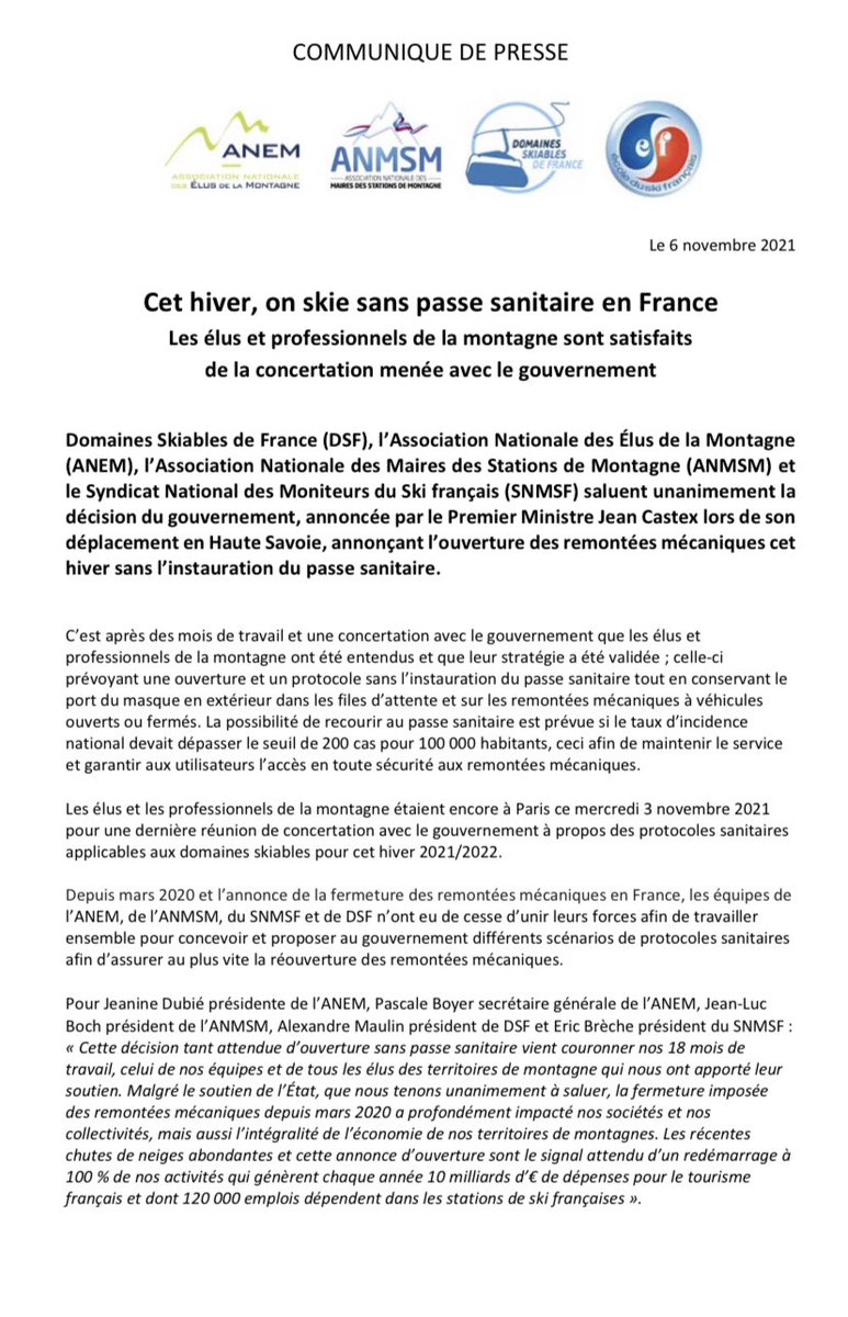 DSkiables's tweet photo. Professionnels et élus se félicitent des annonces de @JeanCASTEX https://t.co/8e8QWKJgVW