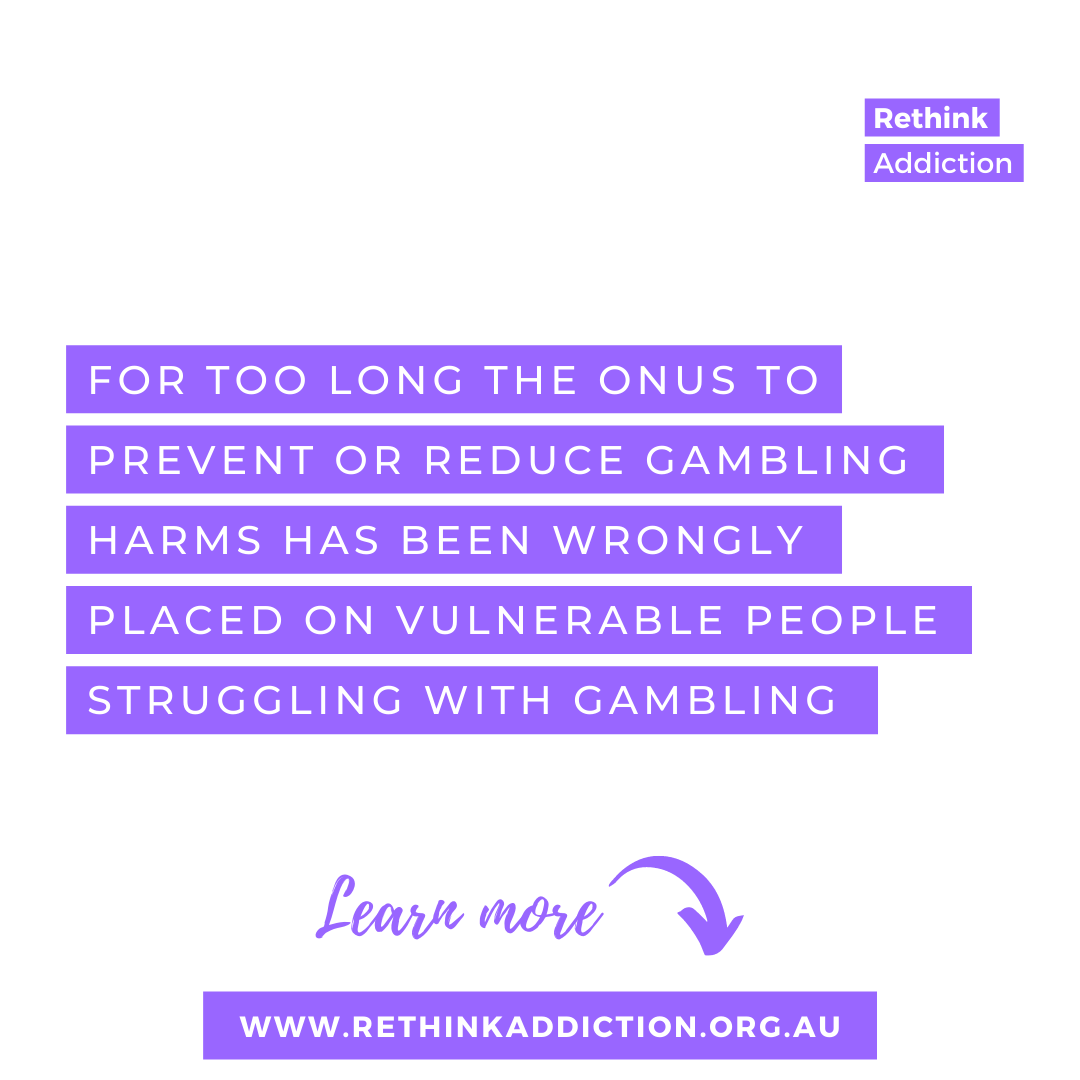 rethinkadd's tweet image. For too long the onus to prevent/reduce gambling harms has been wrongly placed on vulnerable people struggling with gambling, who are told to 'gamble responsibly' despite their addictive behaviours preventing them from doing so. Share if you agree!

It's time to #RethinkAddiction