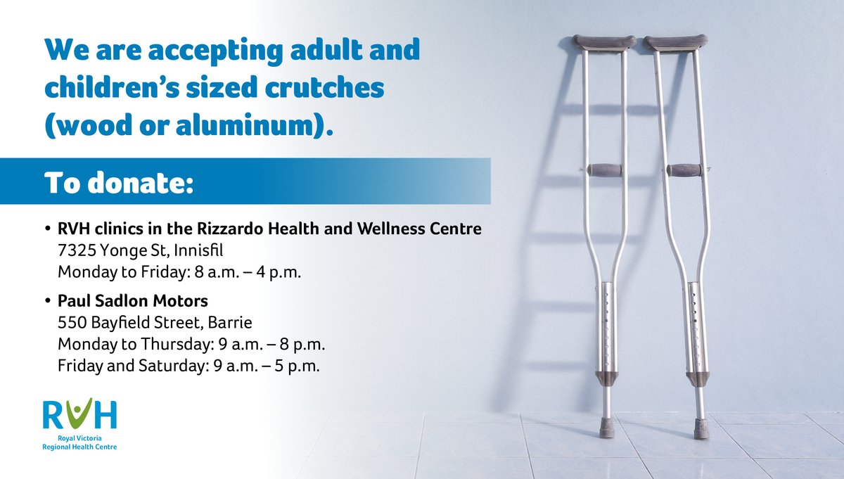 RVH_HealthCntr's tweet photo. We are reaching out to our community to donate crutches no longer in use - all donated crutches will be inspected and cleaned before patient use. To donate adult and/or children sized crutches (wood or aluminum) go to: https://t.co/yUjuFMPKpL https://t.co/kFo5nRhqgs