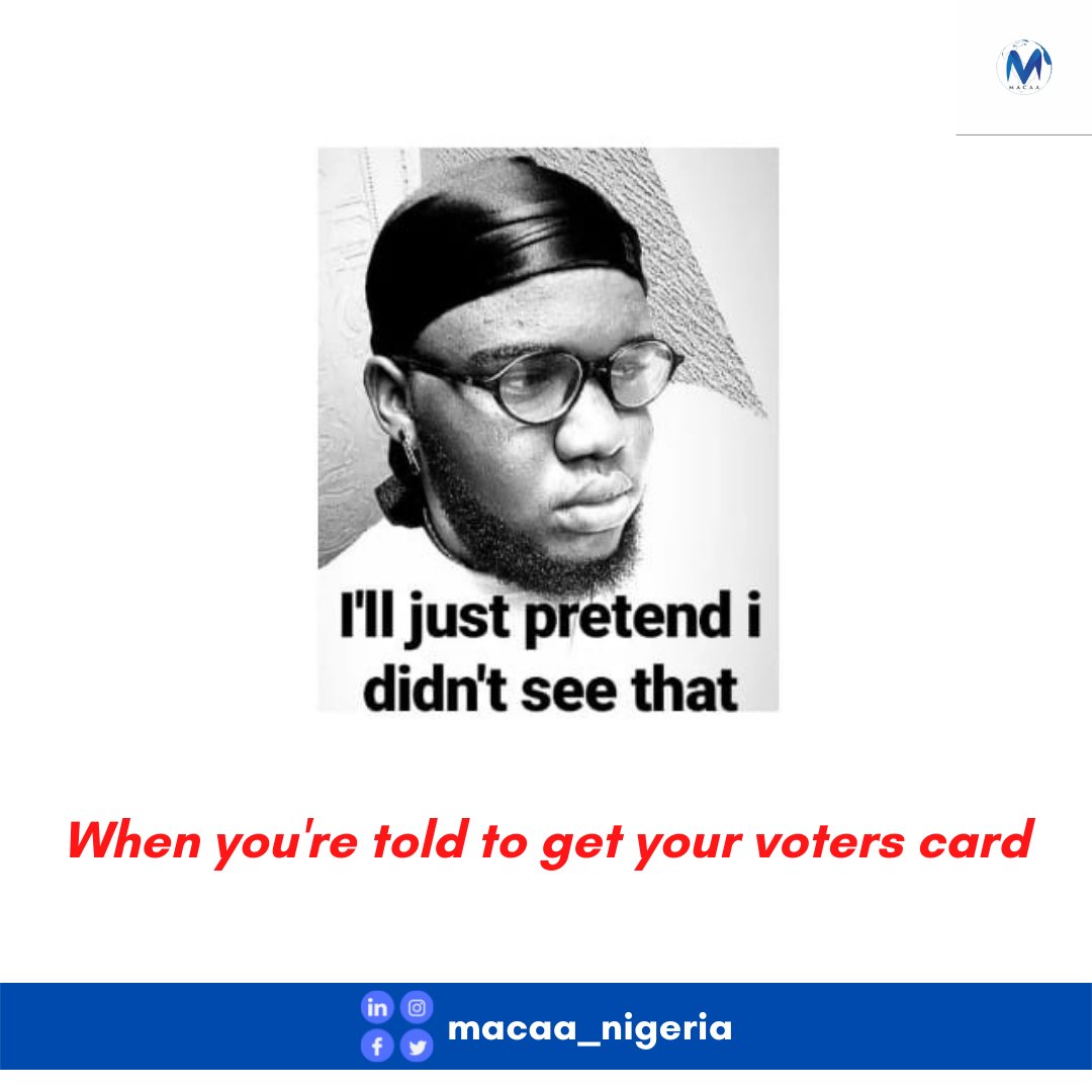 macaanigeria's tweet photo. We know you're seeing this... Don't pretend like you aren't. Be an active citizen today!!!
#civilsociety #nigeriagovernment #activecitizenship #macaanigeria #activecitizens #nigeriacso
#impactmaking #impactingsociety #citizensimpact #politics #politicalengagement https://t.co/Z4PjaLFimH