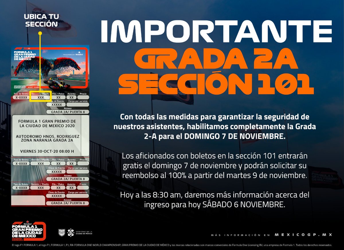 mexicogp's tweet photo. 🚨 AVISO IMPORTANTE
La Grada 2A estará habilitada al 100% para el DOMINGO 7 DE NOVIEMBRE. 
Acerca del ingreso el día de hoy de los asistentes con boletos en la sección 101, daremos más información hoy a las 8:30 am.
Más información ⬇️ https://t.co/GTj7fI9VE2
