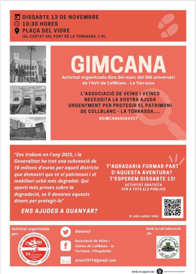 aavvct's tweet photo. Dissabte 13, organizem, amb col.laboració amb @ElBellvis una súpergimcana de patrimoni de Collblanc-Torrassa. N’aprendrem i reivindicarem!! Veniu!!! Sortirem a les 10,30 de la plaça del vidre. #gimcana50avvct https://t.co/tiDuB9JUPI