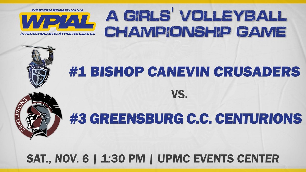 wpial7's tweet image. 𝐖𝐏𝐈𝐀𝐋 𝟏𝐀 𝐆𝐢𝐫𝐥𝐬' 𝐕𝐨𝐥𝐥𝐞𝐲𝐛𝐚𝐥𝐥 𝐂𝐡𝐚𝐦𝐩𝐢𝐨𝐧𝐬𝐡𝐢𝐩 𝐆𝐚𝐦𝐞

🆚: #️⃣1️⃣ @crusaderathdept, #️⃣3️⃣ @GCC_Centurions
📍: Moon Township, Pa.
⏰: 1:30 PM
🏟️: @UPMCEventsCtr 
📺: @TribLiveHSSN
💻: bit.ly/3qbEps9
🎟️: bit.ly/3qdd6xu

#WPIAL | 🏐🏆