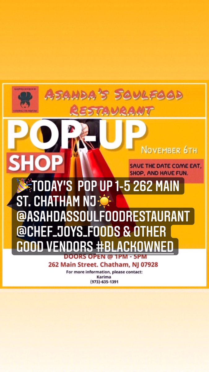 chef_joy's tweet photo. 🎉Today’s  Pop Up 1-5 262 Main St. Chatham NJ☀️@asahdassoulfoodrestaurant @chef_joys_foods &amp; Other Good Vendors #blackowned https://t.co/1LnrT2j4JI