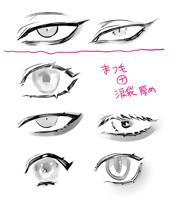 ラクガキ。最近の人気の目の描き方のポイントってやっぱ分厚い涙袋だよねえって感じ。実際に涙袋を強調したメイクが流行ってるし、目元の印象強めなのが特に若者受けがイイ気がするね～。