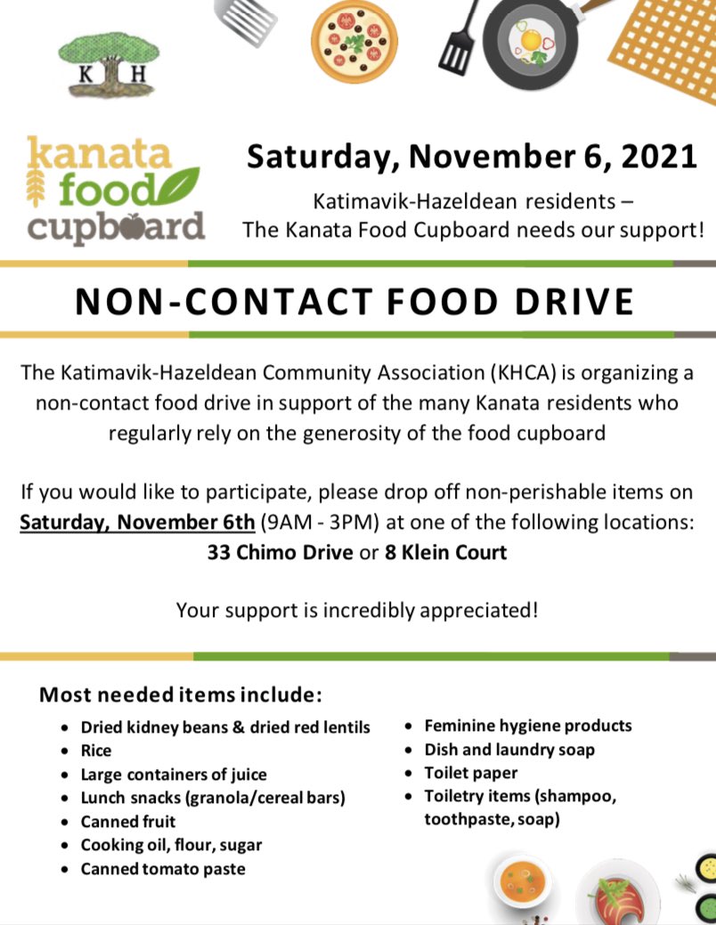 KHCA_Kanata's tweet photo. TODAY!!! Community food drive in support of the @KanataFoodCpbrd. Non-perishable donations can be dropped off at either location and monetary donations can be made at: https://t.co/e6CNdqJTwT Thank you for your support! #KanataSouth #KatimavikHazeldean https://t.co/dD7AHlZNtI
