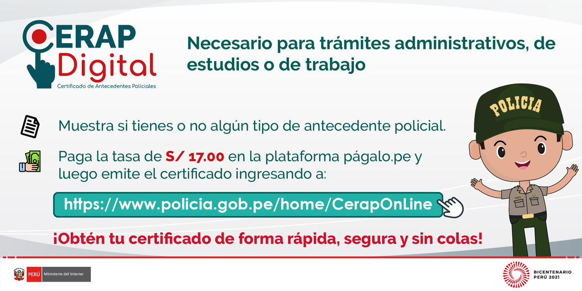 MininterPeru's tweet photo. Los Certificados de Antecedentes Policiales son muchas veces requeridos para realizar trámites administrativos, de estudios o de trabajo. Tramítalos de forma rápida, sencilla y sin salir de casa desde la web 🌐 https://t.co/uBEAS886DF https://t.co/Wm4E0HM2DW