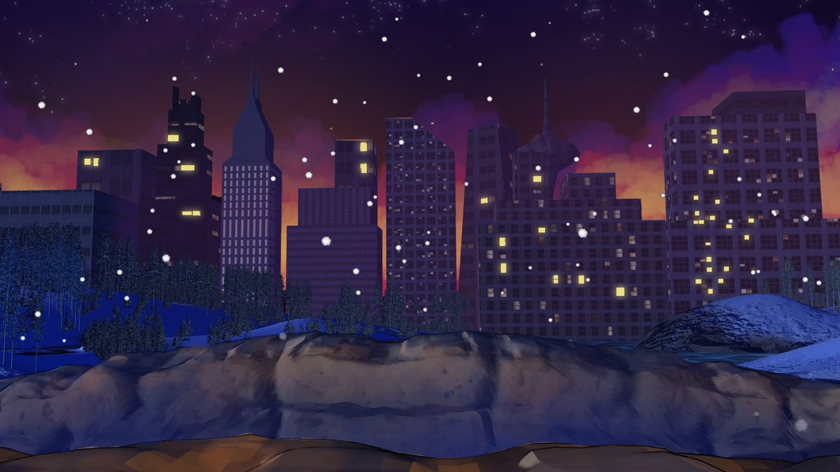 CouchLionStudio's tweet image. A snowy view of the New Yoronto skyline as seen from a park. This is a potential date location in the upcoming #indiegame #datingsim Dream and Sugar! The air might be cold but the romance is heating up! #screenshotsaturday