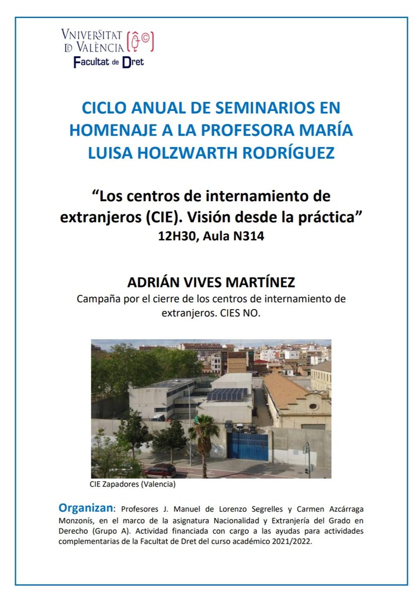 CIEsNO's tweet photo. "Los Centros de Internamiento de Extranjeros. Visión desde la práctica"

Organización en el marco de la asignatura Nacionalidad y Extranjería del grado de Derecho (grupo A) de la @DretUV 

#CIEsNO #StopDeportaciones #LOEX  #FacultatDeDretUV #UV #Dret #FacultadDerecho #deportación https://t.co/6QCPtkuMA4