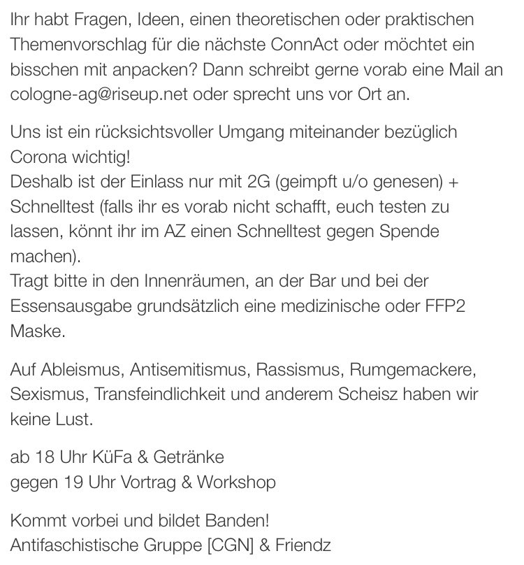 CGN_AG's tweet photo. #Antifa #ConnAct Donnerstag 11.11 ab 18 Uhr im #AZKöln @unsersquat.
Themen: #Karneval im #Nationalsozialismus &amp; der #Nazi|aufmarsch am 13.11. in #Remagen. Außerdem #KüfA und Molotowcocktails-Bar. Denkt an #2G + Test. #rmg1311 #k1111 @NS_stoppen @kgegenrechts @antifa_nrw https://t.co/VboYdaYZw8