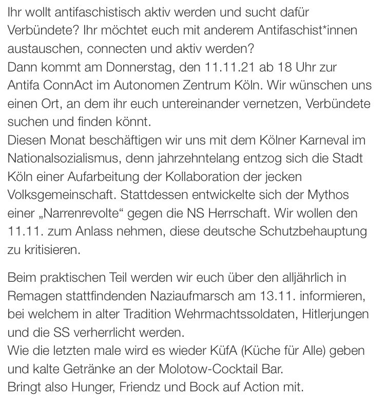 CGN_AG's tweet photo. #Antifa #ConnAct Donnerstag 11.11 ab 18 Uhr im #AZKöln @unsersquat.
Themen: #Karneval im #Nationalsozialismus &amp; der #Nazi|aufmarsch am 13.11. in #Remagen. Außerdem #KüfA und Molotowcocktails-Bar. Denkt an #2G + Test. #rmg1311 #k1111 @NS_stoppen @kgegenrechts @antifa_nrw https://t.co/VboYdaYZw8