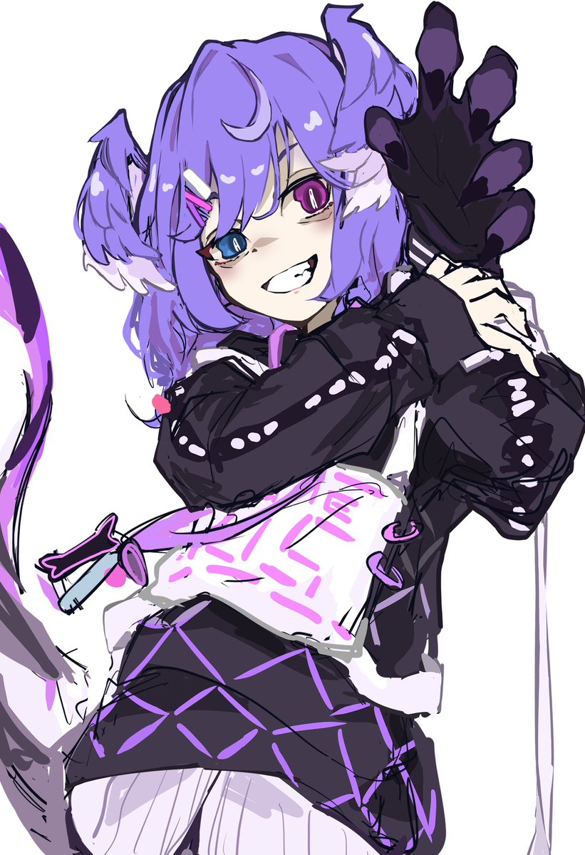 selen tatsuki 1girl solo head wings smile blue eyes heterochromia purple hair  illustration images