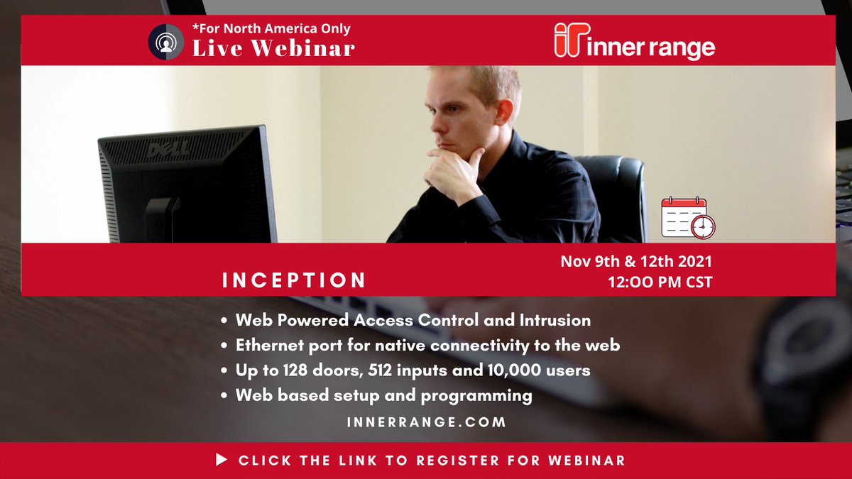 INCEPTION by #InnerRange provides a web enabled access control and intruder alarm within a single platform. 
A unified platform reduces equipment, installation &amp; maintenance costs.
Register for free #webinar 
bit.ly/intwt 
#accesscontrol #intruderalarm