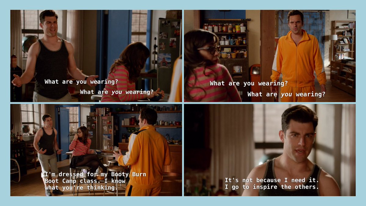 WhosThatGirlPod's tweet photo. Listen to the new episode of #WhosThatGirlPod today to hear us recreate this moment where Schmidt talks about going to Booty Burn Bootcamp to "inspire others".
#bootyburn #newgirl #podcast #maxgreenfield #schmidt #nick #jakejohnson #jess #zooeydeschanel #bacheloretteparty https://t.co/QOFR7aXpGq