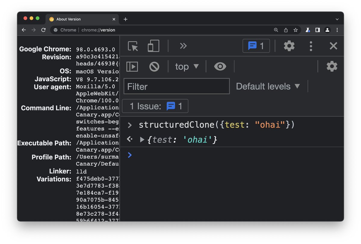 DasSurma's tweet image. Chrome Canary just got structuredClone()! That means *all* browsers (yes, even Safari) and Deno now support structuredClone() in their nightlies (some even shipped it to stable already!)

Massive shoutout to @AndreuBotella (not a Chromie!) for implementing structuredClone() &amp;lt;3