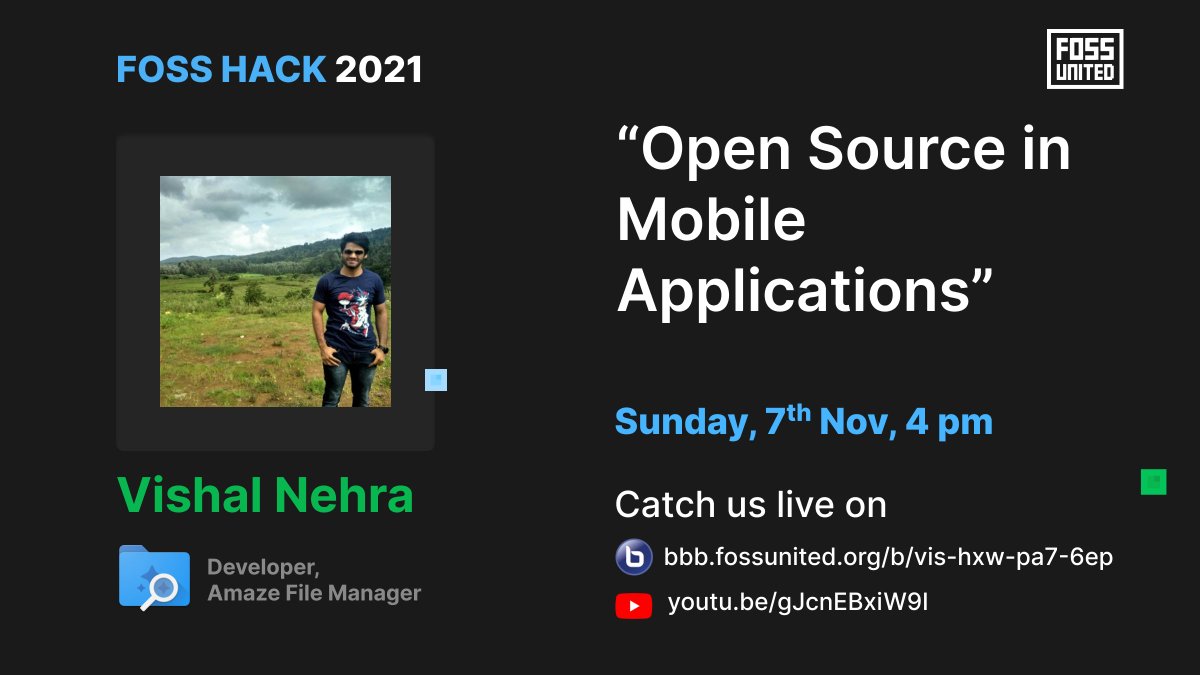 FOSSUnited's tweet photo. "Open source in Mobile Applications"
An upcoming talk by Vishal Nehra, Developer at Amaze File Manager. Join us tomorrow to learn about his project.
https://t.co/ei892mXk69

🗓️Sunday, 07 Nov '21
⏲️4:00 PM 
🔗 https://t.co/VKikQEfidJ
📺 https://t.co/MtUhUSj5Us
1/4 https://t.co/lVrfXrsNO5