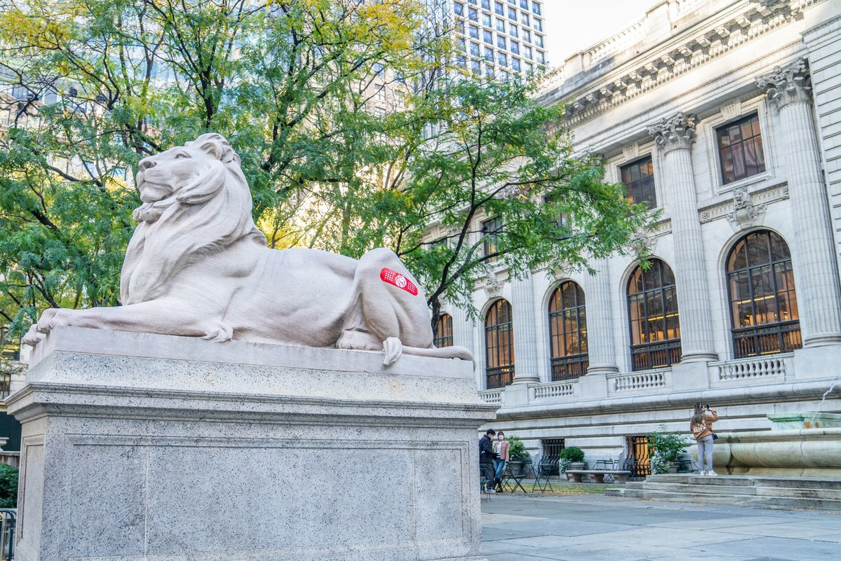 LibraryJournal's tweet image. The @NYPL Has Placed Oversized Bandages on Its Lions to Encourage #Vaccinations (via @TimeOutNewYork) ow.ly/C6ke50GHFNw #libaries #publiclibraries