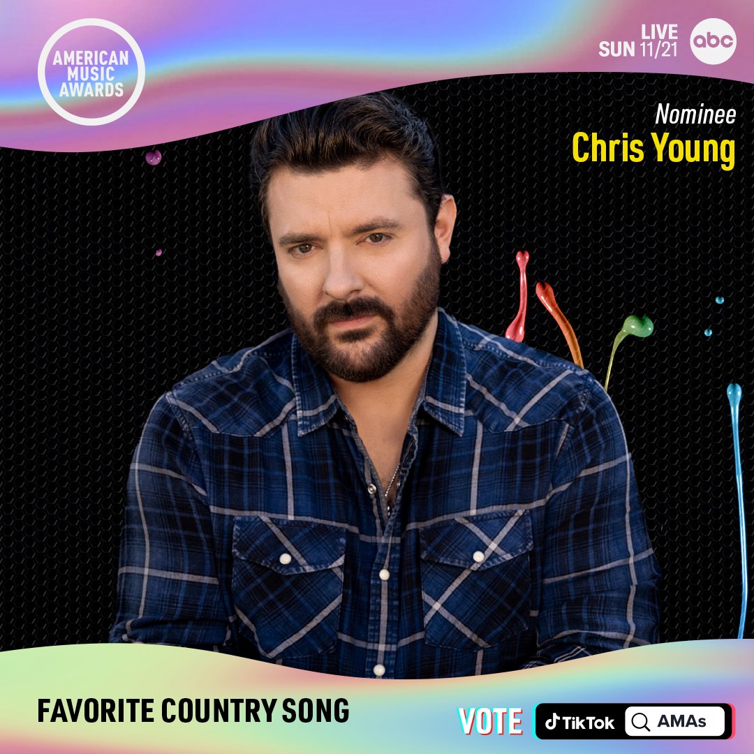 AMAs's tweet photo. “Famous Friends” is nominated for #AMAs Favorite Country Song! Congrats, @ChrisYoungMusic! 🎉

Vote for Chris by searching AMAs on @tiktok_us or click here: https://t.co/pFcEvm4qhk https://t.co/PDI21I5IJL