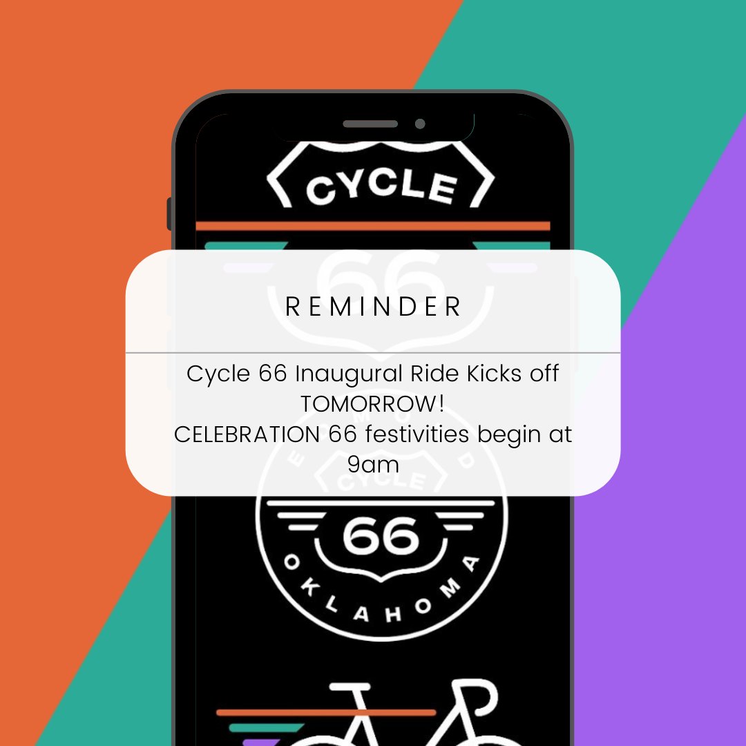 cycle66ok's tweet photo. β¨ TOMORROW β¨ We are kicking off our Inaugural Cycle 66 ride in Downtown Edmond at Festival Market Place at 8 am. Come out and cheer on our riders! π
Stick around for the Celebration 66 Festivities happening until 3 pm. #cycle66 #route66 #edmondok https://t.co/eVxX8P6BKy