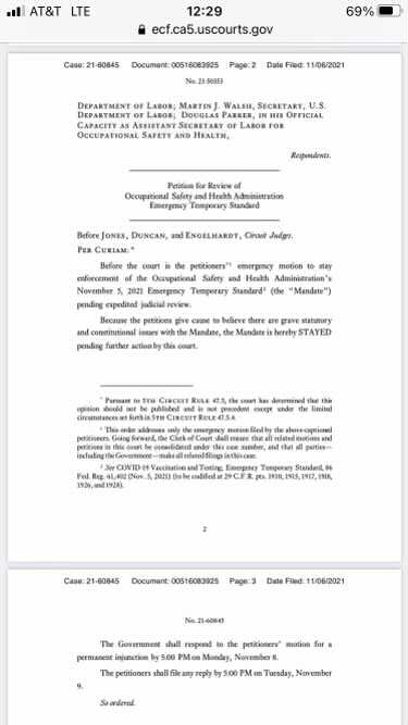 BREAKING: The Federal Court of Appeals just issued a temporary halt to Biden’s vaccine mandate. Emergency hearings will take place soon. We will have our day in court to strike down Biden’s unconstitutional abuse of authority.