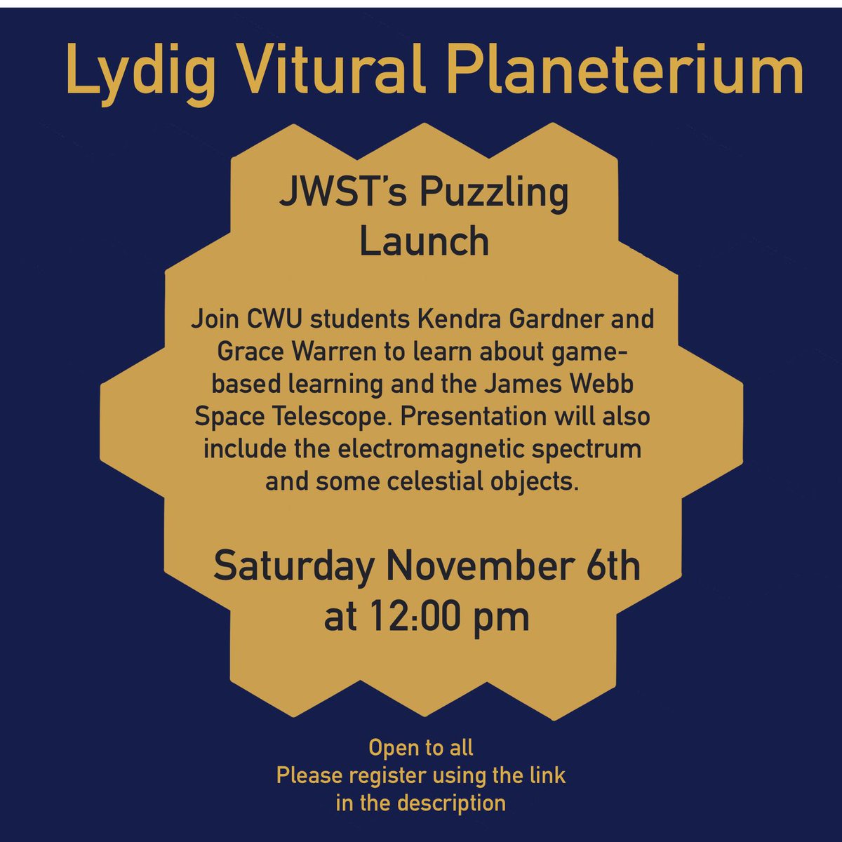 Lydig Virtual Planetarium Show
Today @ 12 pm noon Pacific via Zoom
cwu.zoom.us/j/82009931072...
JWST's Puzzling Launch - Join CWU students Kendra Gardner and Grace Warren to learn about game-based learning and the James Web Space Telescope. #CWU #PhysicsIsSexy