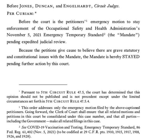 steve_vladeck's tweet image. The Fifth Circuit has stayed enforcement of the Biden administration’s private-employer vaccine mandate — not because it actually applied the right test for such emergency relief, but simply by asserting that the mandate raises “grave statutory and constitutional issues.”