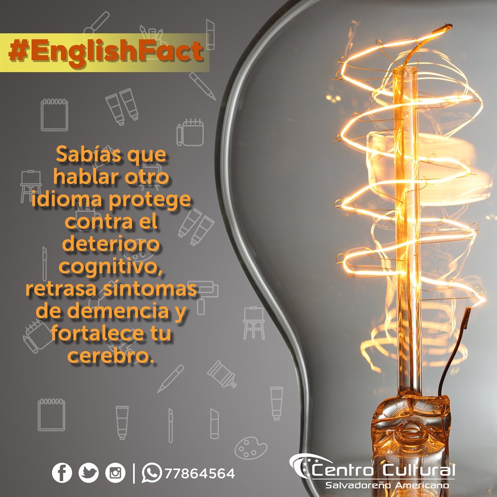 ccsa_sv's tweet photo. #EnglishFact Sabías que hablar otro idioma protege contra el deterioro cognitivo, retrasa síntomas de demencia y fortalece tu cerebro.

Inscríbete en nuestros cursos ingresando a: https://t.co/RHFirV9MPB https://t.co/iRR1NI2Hel