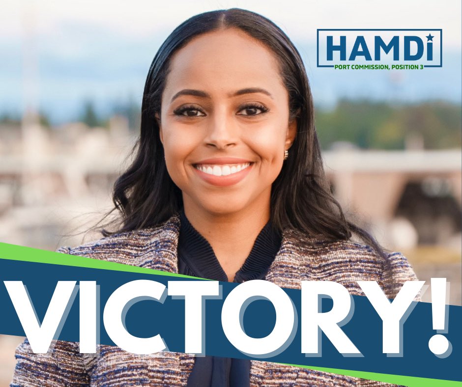 HamdiSEA's tweet photo. We have officially won our race for the Port of Seattle Commission! It's an amazing feeling to become the first Port Commissioner ever elected from South King County and the first Somali woman to be elected into office in Washington state. Thank you all! We did it! 🎉 https://t.co/t9eq83uThw