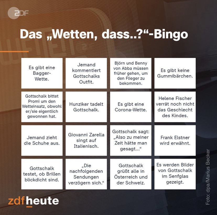 ZDFbayern's tweet photo. Unverzichtbar für alle, die heute Abend kompetent bei #Wettendass mitreden wollen 👇 https://t.co/4yoJfllT02