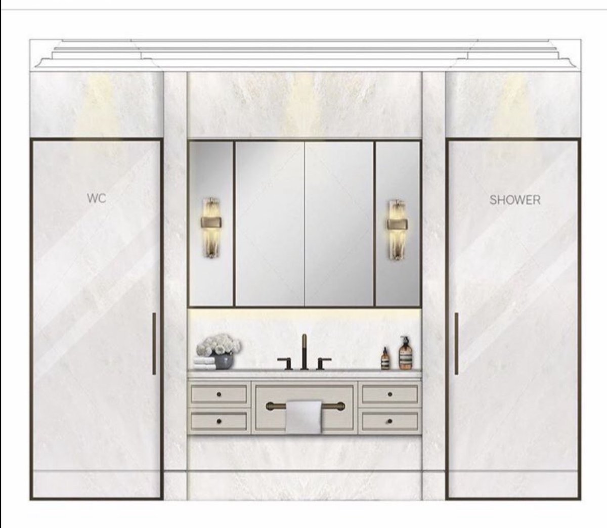 maram_interior's tweet photo. حمام الماستر نعطية نفس اهتمامنا فتصميم غرفة الماستر 
بحيث نعتمد التصميم الفندقي كالتالي:

- دخول مباشر من غرفه الملابس
- الحمام يستخدمة الزوجين بنفس الوقت 
- منطقة الشاور + منطقة الكرسي مغلقة بأبواب سحب قزاز مرمل 
 
- منطقة المغسلة تتوسطهم 

#تصميم_داخلي https://t.co/rePc9csgmJ