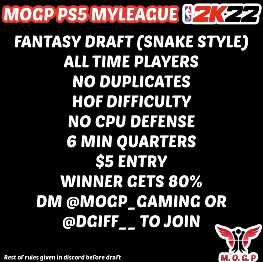 MOGPgttv's tweet photo. OUR FIRST NBA 2K22 MYLEAGUE ‼️
IF U HAVE THE SKILLS COME GET WIN SOME MONEY ‼️
#MOGP https://t.co/5M3Ptqp6lE