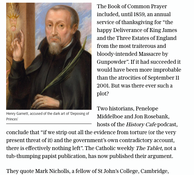 HistoryCafePod's tweet photo. Telegraph article by #ChristopherHowse on our 'Gunpowder?' article for @The_Tablet. 
Jon has heard #MarkNicholls say the plot was real. But in practice his book doesn't examine the evidence of whether it was part real and part entrapment. His book looks at the inquiry after. https://t.co/oznSeKq1Gm