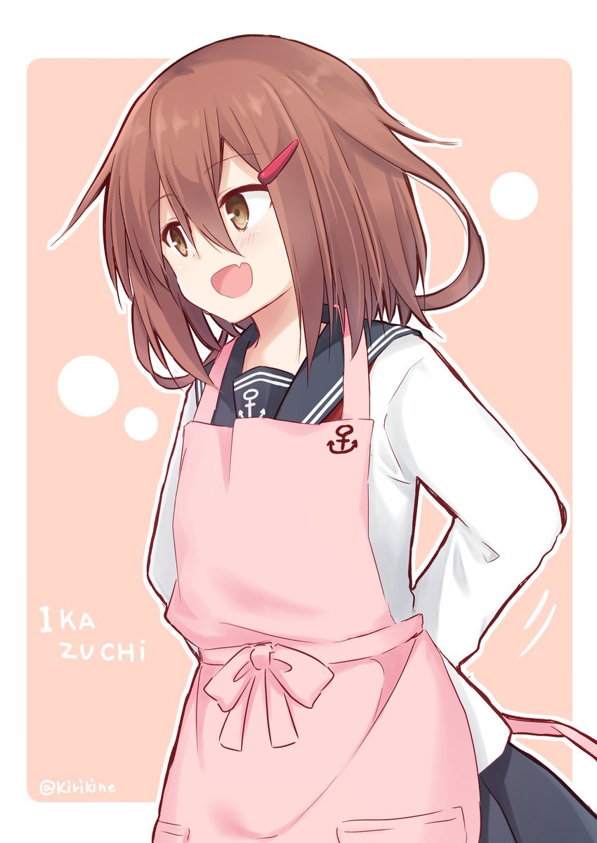 ikazuchi (kancolle) 1girl solo apron pink apron school uniform brown hair hair ornament  illustration images