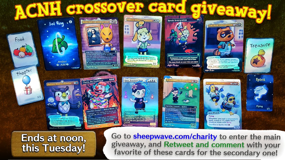 To celebrate the ACNH update, im giving away two FULL sets of all 14 of the animal crossing MTG crossover cards ive made! one giveaway set will be to support Labda Legal- see link in image for info.

the second giveaway will be done in the usual RT+comment way to followers!
