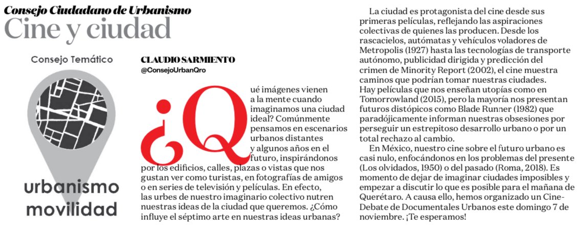 Están invitados MAÑANA al "Cine-Debate de Documentales Urbanos."

El evento es GRATUITO y de cupo limitado, en la Cineteca Rosalío Solano.

Lean sobre la importancia del cine en nuestras ideas de ciudad, en el @am_queretaro de hoy. 👇

🎫Cine y ciudad
tinyurl.com/5dajuxdf