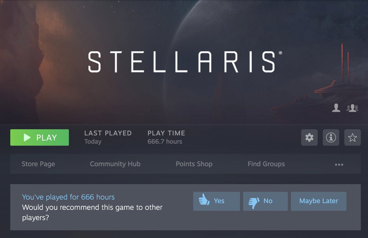 screenshot of Stellaris from the Steam library. 666 hours played. prompt "Would you recommend this game to other players?"
