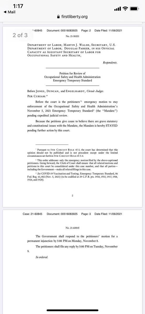 BREAKING:  5th Circuit temporarily blocks OSHA vaccine mandate. 

“Because the petitions give cause to believe there are grave statutory and constitutional issues with the Mandate ...”