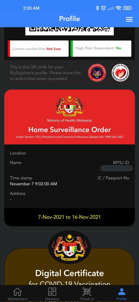lokkhee1999's tweet photo. Hi @my_sejahtera,I'm only staying at home all the time,then suddenly today I receive a notification saying my status is now "Person Under Surveillance (PUS)".For my history,I have not even go out anywhere within 14days, please check into this.
Timestamp screenshot: 7 Nov 2021 2am https://t.co/GvT4F1dgMI