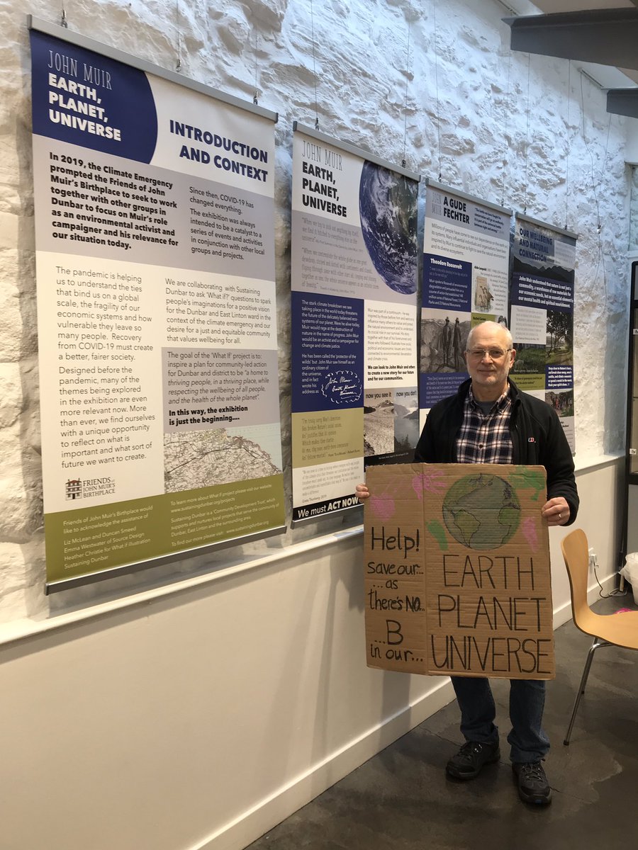 DuncanSmeed's tweet photo. As I couldn’t be in Glasgow today to meet back up with some of the @Scotpilgrimage folk I joined in the gathering in Dunbar organised by @StAnnesDunbar. My placard was inspired by the @FoJMB_Dunbar exhibition in @JM_Birthplace so I had several photos taken in that context 👇 https://t.co/VRL7cSz0oA