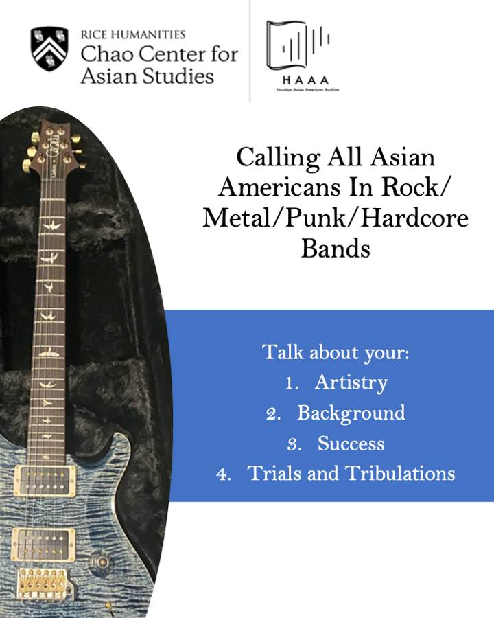 RiceHAAA's tweet photo. HAAA is seeking individuals that are willing to shed light on Asian Americans in the rock/metal/punk/hardcore genres. Talk about your band, background, and experiences!
Email contactHAAA@rice.edu if you are interested!
#rock #metal #haaa #band #asianamerican #punk #interview https://t.co/AUiiNFRtwn