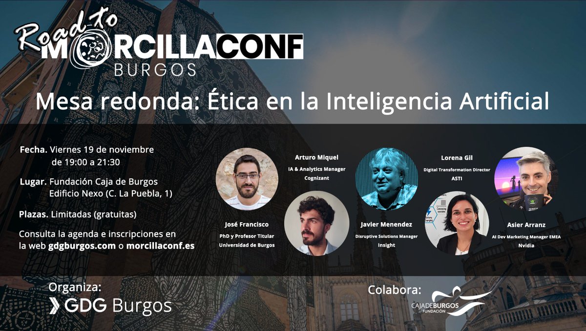 Tercer y último #RoadToMorcillaConf el próximo viernes 19 (si un día antes del <a href="/MorcillaConf/">MorcillaConf</a> 🔥) en <a href="/Fundcajaburgos/">Fundación Caja de Burgos</a>, con una mesa redonda sobre ética en la IA con verdaderos expertos en la materia + networking del bueno 🍕

meetup.com/es-ES/GDG-Burg…