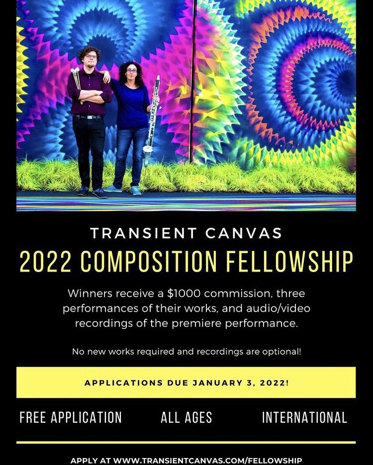Another opportunity.
Free application.
All ages welcome.

<a href="/transientcanvas/">Transient Canvas</a> is stellar to collaborate with. Composers - jump in on this!

#composer #NewMusic #create