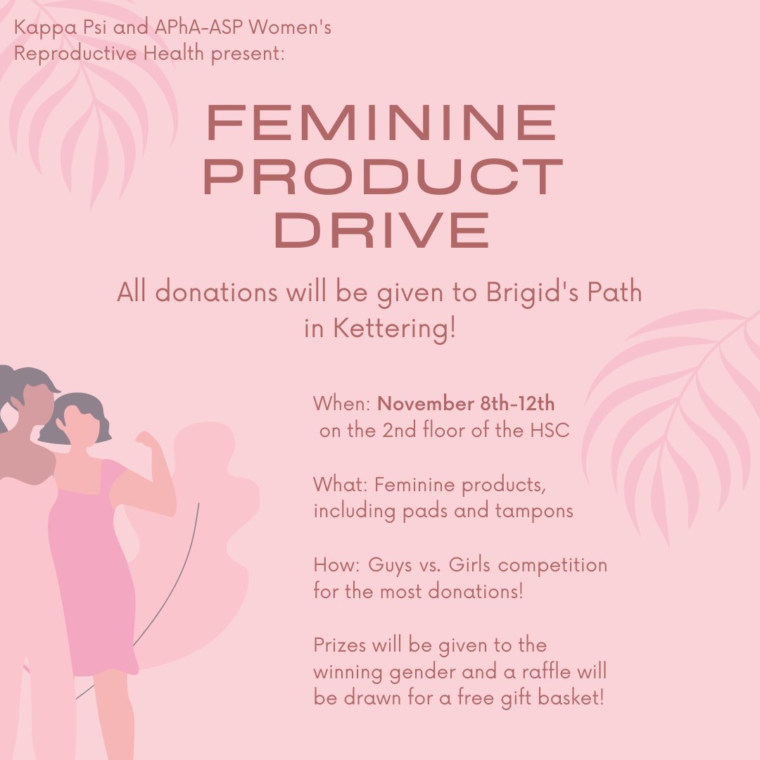 CUAPhAASP's tweet photo. We're holding our annual Feminine Product Drive with Kappa Psi and we hope you will participate! Join us from 11/8-11/12 for the Drive which will be a competition between guys and girls! Prizes will be announced after the drive is over. #CUPharm #APhAASP #FeminineProductDrive https://t.co/IFfaYtzVX5