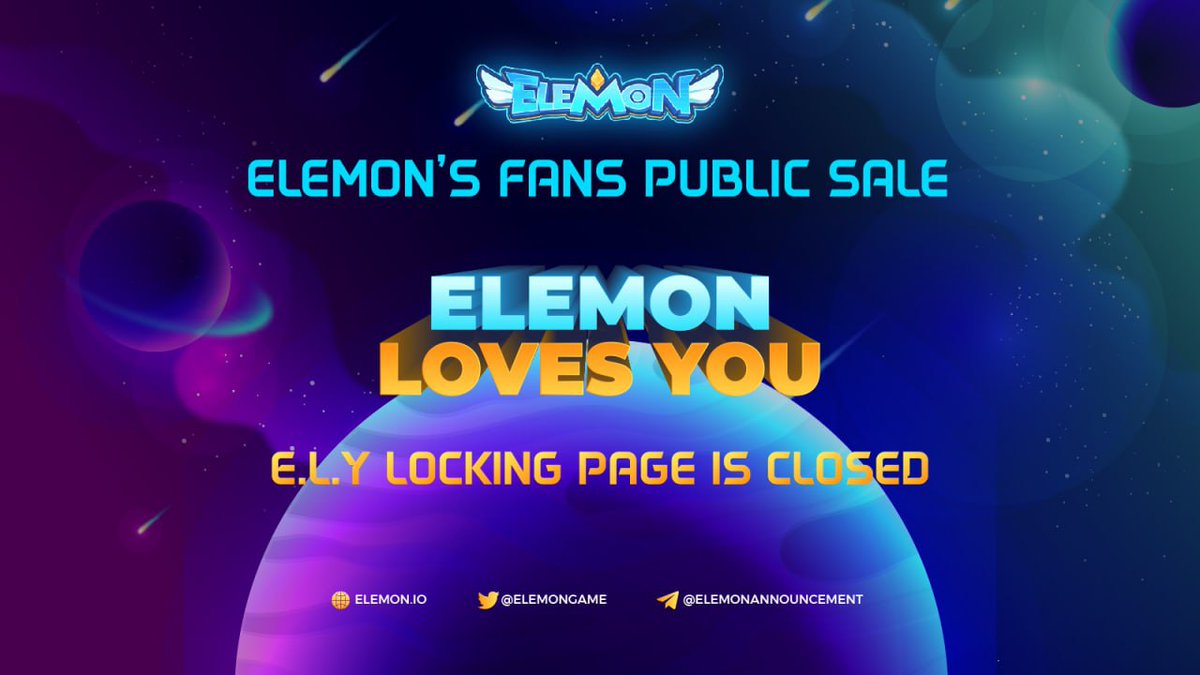 ⏰E.L.Y LOCKING TIME IS OVER⏰
 
470 Whitelisted users still haven't done locking BUSD task yet &amp; Elemon removed their wallet addresses from the valid list
 
These 470 remaining slots will seek for the new masters in a minigame soon be informed on 3 PM(UTC) NOV 6, 2021.Tuned-in!